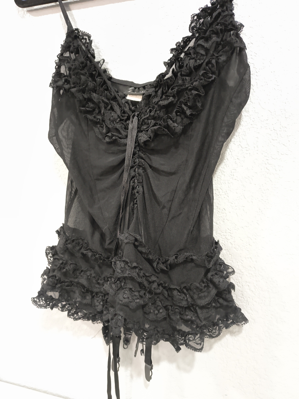 Black Lace Ruffle Chemise with Sheer Bodice